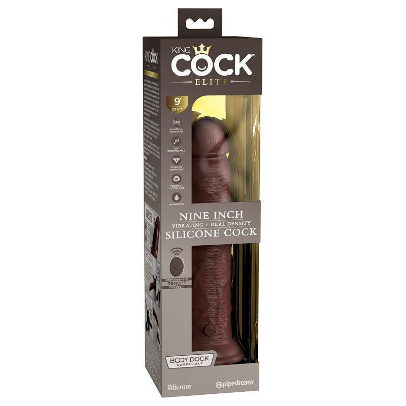 Pipedream Products King Cock Elite 9” Vibrating Silicone Cock with Remote Brown